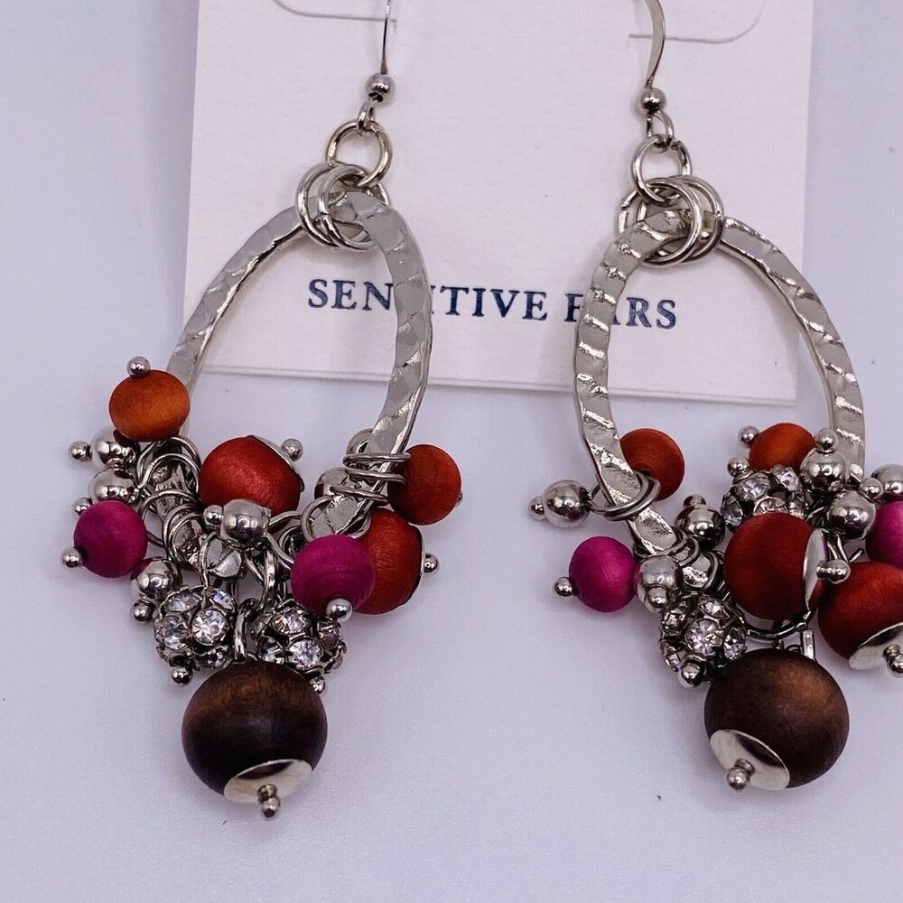 Croft & Barrow Pink Brown Silvertone Bead Hoop Earrings New - Picture 2 of 4